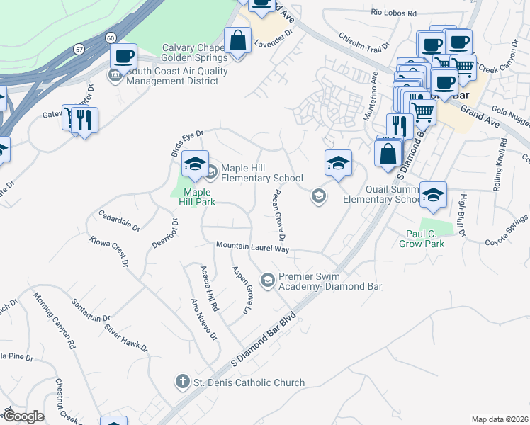 map of restaurants, bars, coffee shops, grocery stores, and more near 1407 Pecan Grove Drive in Diamond Bar