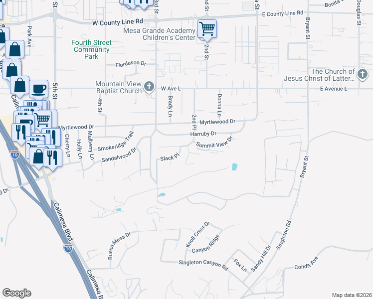 map of restaurants, bars, coffee shops, grocery stores, and more near 1225 2nd Place in Calimesa