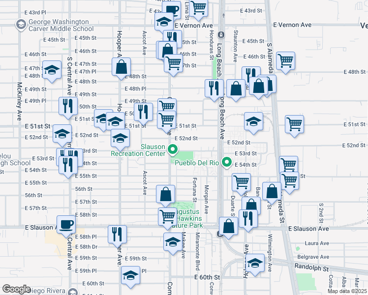 map of restaurants, bars, coffee shops, grocery stores, and more near 1553 East 54th Street in Los Angeles