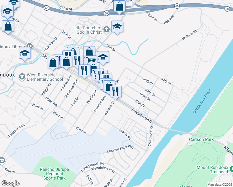 map of restaurants, bars, coffee shops, grocery stores, and more near in Jurupa Valley