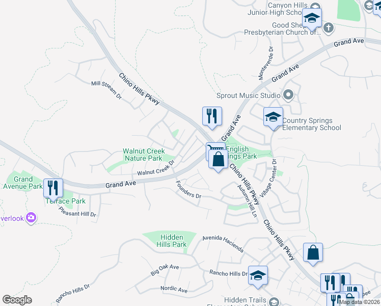 map of restaurants, bars, coffee shops, grocery stores, and more near 2049 Lakeshore Drive in Chino Hills
