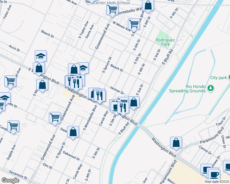 map of restaurants, bars, coffee shops, grocery stores, and more near 925 Carob Way in Montebello