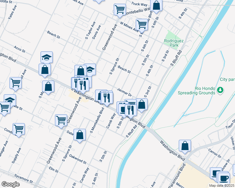 map of restaurants, bars, coffee shops, grocery stores, and more near 925 Carob Way in Montebello