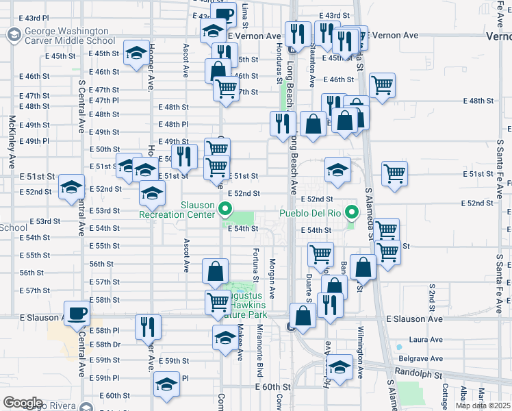 map of restaurants, bars, coffee shops, grocery stores, and more near 31 Fortuna Street in Los Angeles