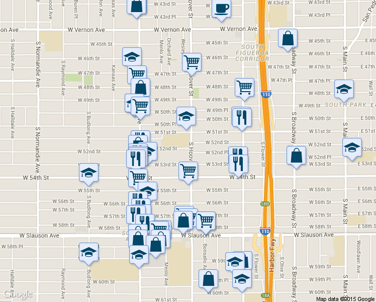 map of restaurants, bars, coffee shops, grocery stores, and more near 5260 South Hoover Street in Los Angeles