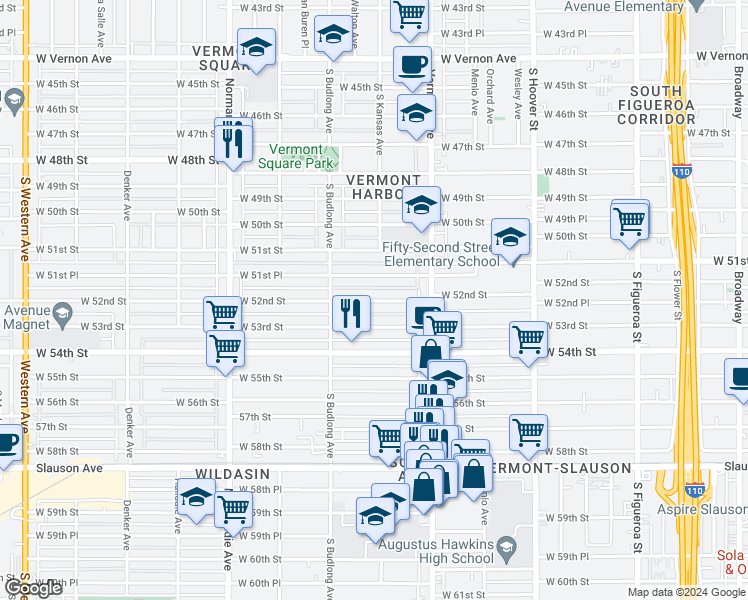 map of restaurants, bars, coffee shops, grocery stores, and more near 1123 West 53rd Street in Los Angeles