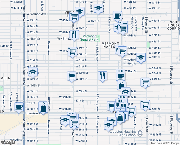 map of restaurants, bars, coffee shops, grocery stores, and more near 1245 West 53rd Street in Los Angeles