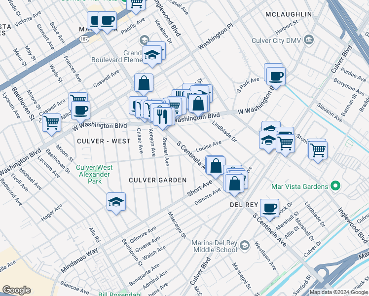 map of restaurants, bars, coffee shops, grocery stores, and more near 12441 Louise Avenue in Los Angeles