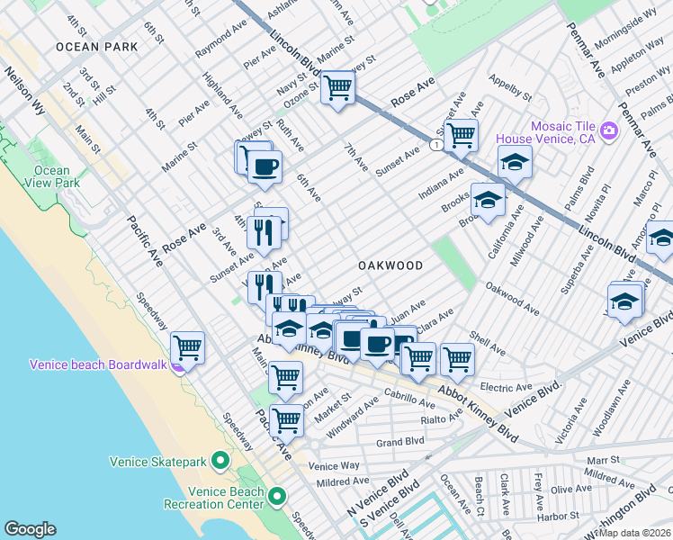 map of restaurants, bars, coffee shops, grocery stores, and more near 512 Brooks Avenue in Los Angeles