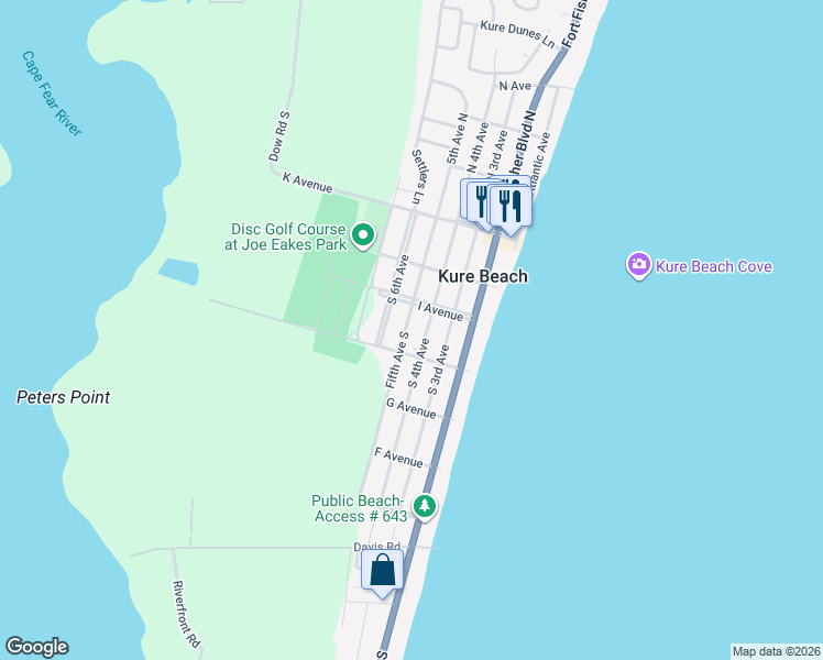 map of restaurants, bars, coffee shops, grocery stores, and more near 406 H Avenue in Kure Beach