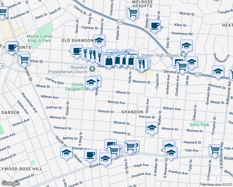 map of restaurants, bars, coffee shops, grocery stores, and more near 2817 Wilmot Avenue in Columbia