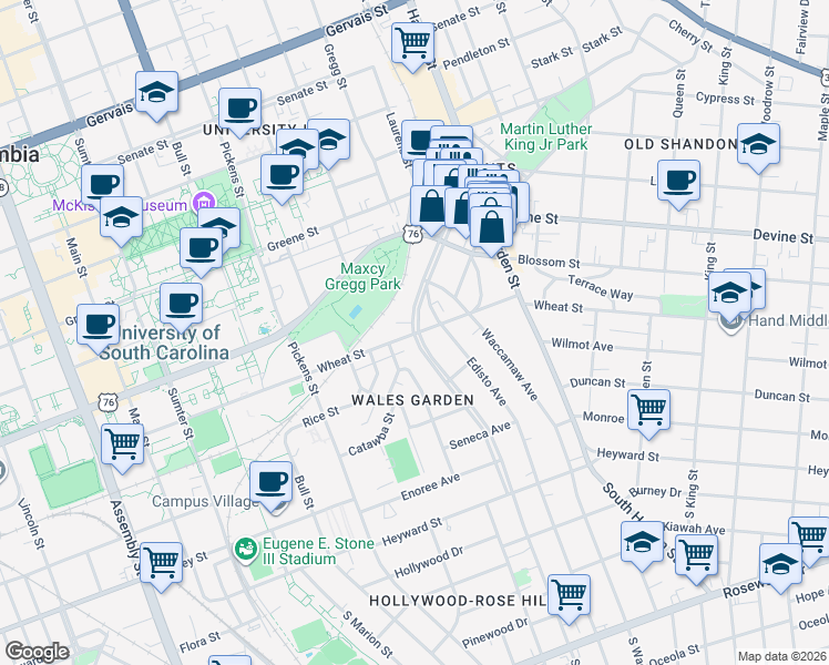 map of restaurants, bars, coffee shops, grocery stores, and more near 1800 Wheat Street in Columbia