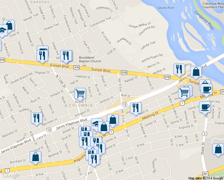 map of restaurants, bars, coffee shops, grocery stores, and more near 808 Jackson Street in West Columbia