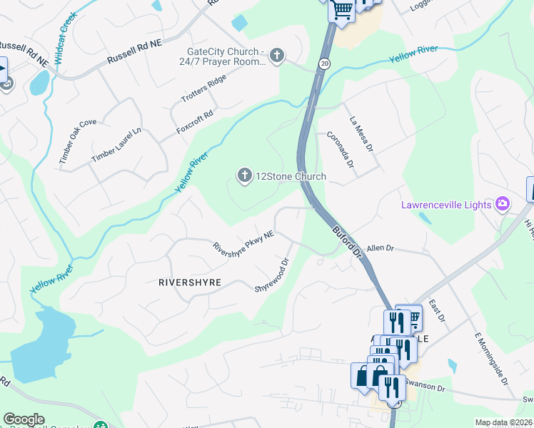 map of restaurants, bars, coffee shops, grocery stores, and more near 1224 Riverloch Way in Lawrenceville