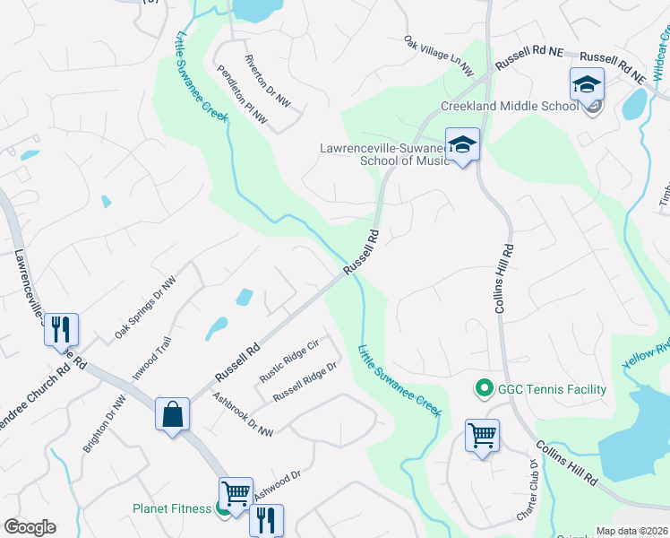 map of restaurants, bars, coffee shops, grocery stores, and more near 325 Russell Road in Lawrenceville