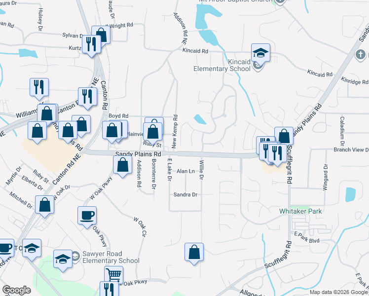 map of restaurants, bars, coffee shops, grocery stores, and more near 1792 Sandy Plains Road in Marietta