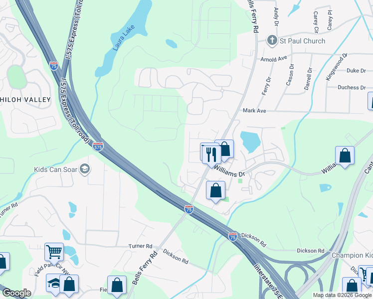 map of restaurants, bars, coffee shops, grocery stores, and more near 1803 Barrington Overlook in Marietta