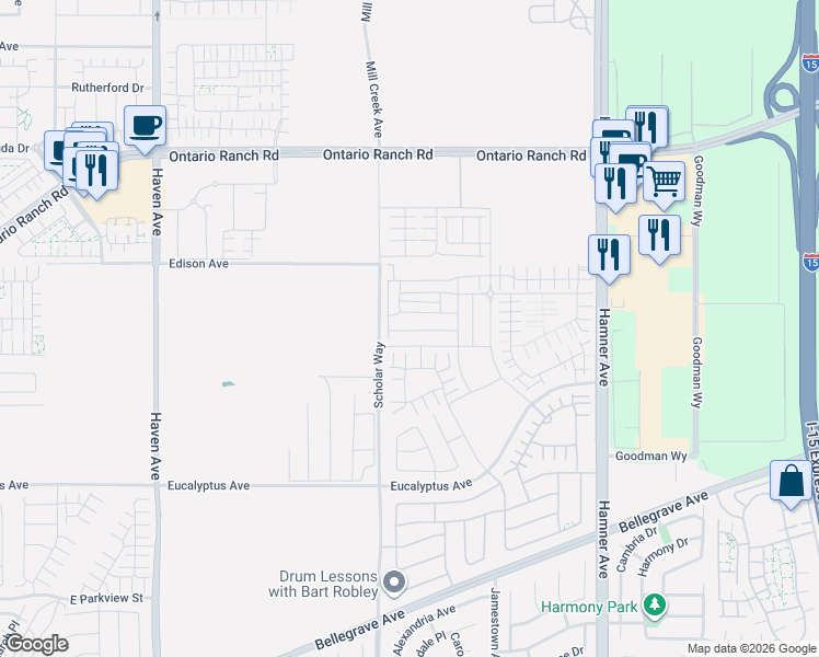 map of restaurants, bars, coffee shops, grocery stores, and more near 3904 East Coronado Privado in Ontario