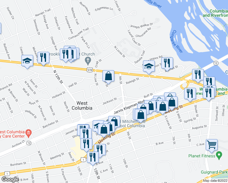 map of restaurants, bars, coffee shops, grocery stores, and more near 815 Raleigh Street in West Columbia
