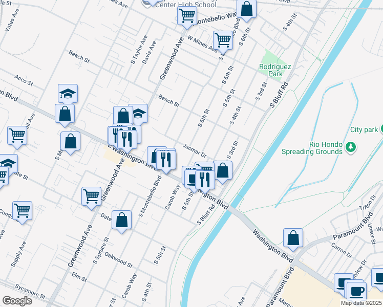 map of restaurants, bars, coffee shops, grocery stores, and more near 901 Carob Way in Montebello