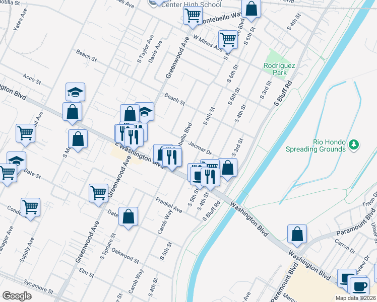 map of restaurants, bars, coffee shops, grocery stores, and more near 915 Carob Way in Montebello