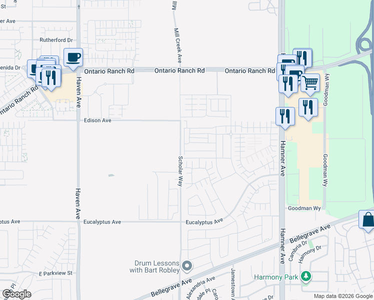map of restaurants, bars, coffee shops, grocery stores, and more near 3906 East Coronado Privado in Ontario