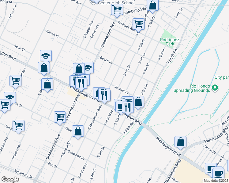 map of restaurants, bars, coffee shops, grocery stores, and more near 915 Carob Way in Montebello