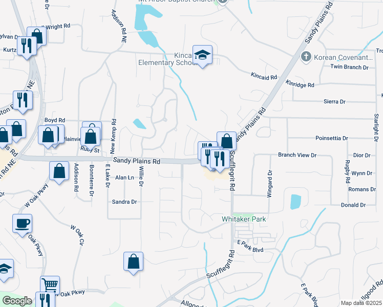 map of restaurants, bars, coffee shops, grocery stores, and more near 2038 Drogheda Lane in Marietta