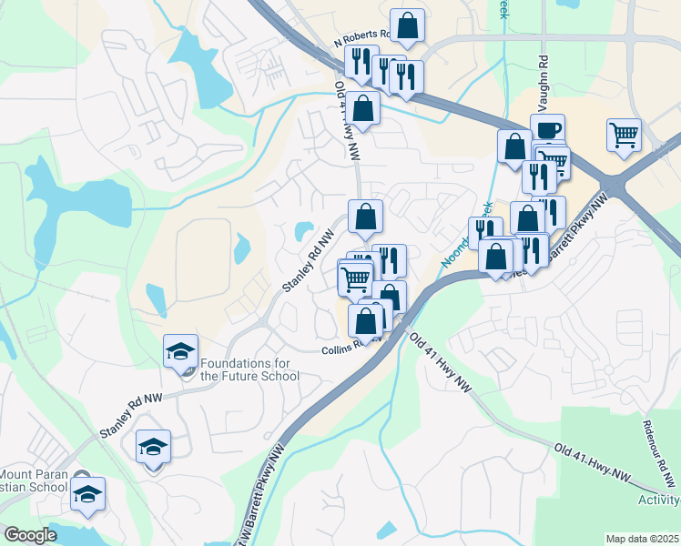 map of restaurants, bars, coffee shops, grocery stores, and more near 1673 Leyland Drive in Kennesaw