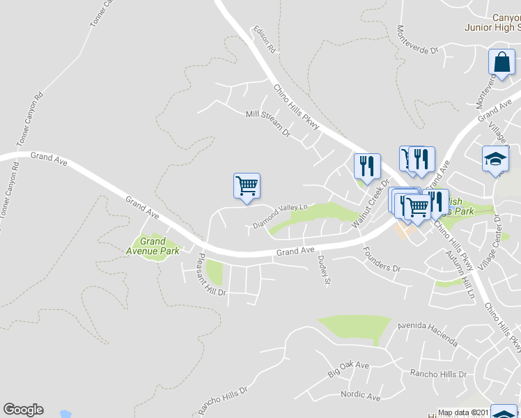 map of restaurants, bars, coffee shops, grocery stores, and more near 1667 Pleasant Hill Drive in Chino Hills