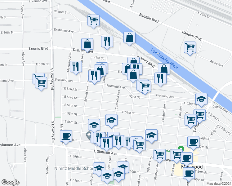 map of restaurants, bars, coffee shops, grocery stores, and more near 3753 East 52nd Street in Maywood