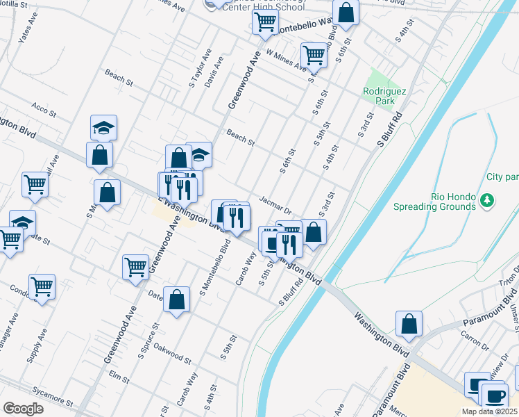 map of restaurants, bars, coffee shops, grocery stores, and more near 925 Carob Way in Montebello