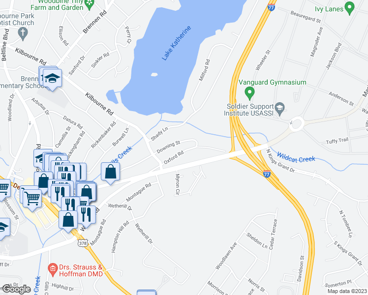 map of restaurants, bars, coffee shops, grocery stores, and more near 4637 Oxford Road in Columbia