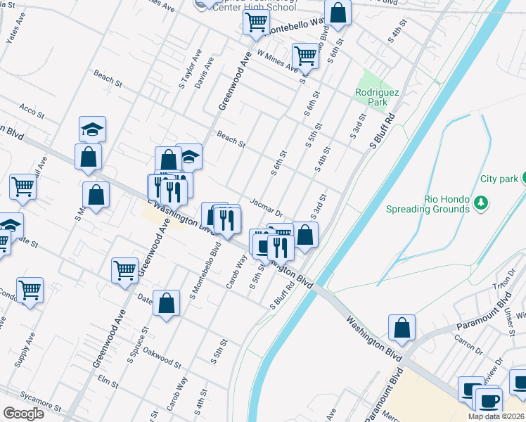 map of restaurants, bars, coffee shops, grocery stores, and more near 925 Carob Way in Montebello