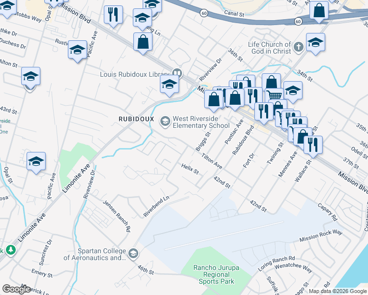 map of restaurants, bars, coffee shops, grocery stores, and more near 5748 Tilton Avenue in Riverside