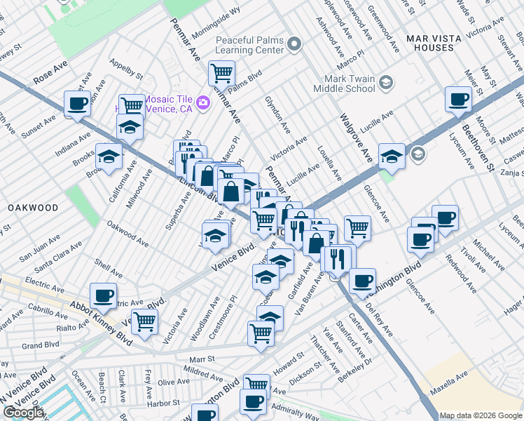 map of restaurants, bars, coffee shops, grocery stores, and more near in Los Angeles