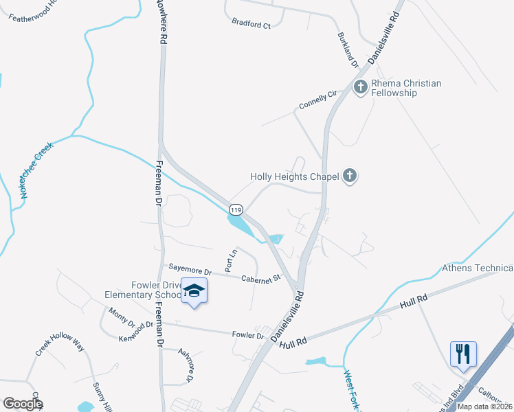 map of restaurants, bars, coffee shops, grocery stores, and more near 170 Nowhere Road in Athens