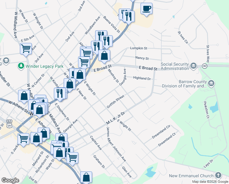 map of restaurants, bars, coffee shops, grocery stores, and more near 218 Griffith Street in Winder