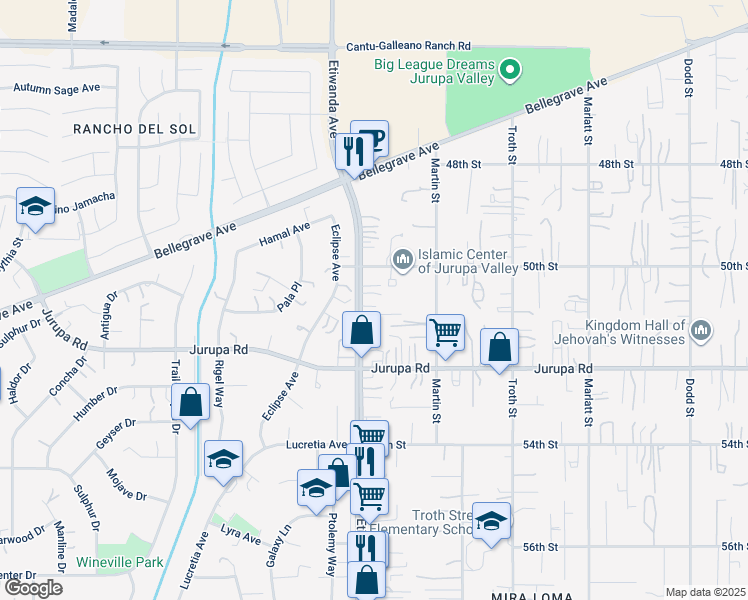 map of restaurants, bars, coffee shops, grocery stores, and more near 5064 Etiwanda Avenue in Jurupa Valley