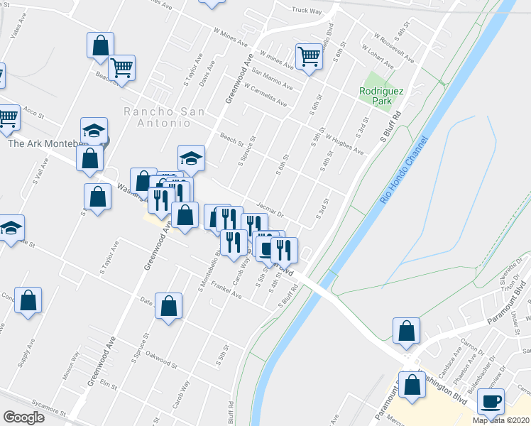 map of restaurants, bars, coffee shops, grocery stores, and more near 901 Carob Way in Montebello