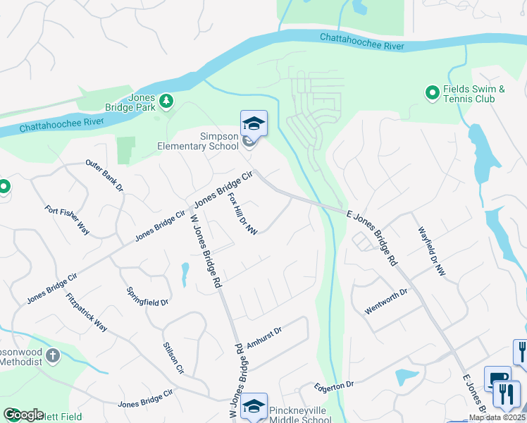 map of restaurants, bars, coffee shops, grocery stores, and more near 5208 Fox Hill Court Northwest in Norcross