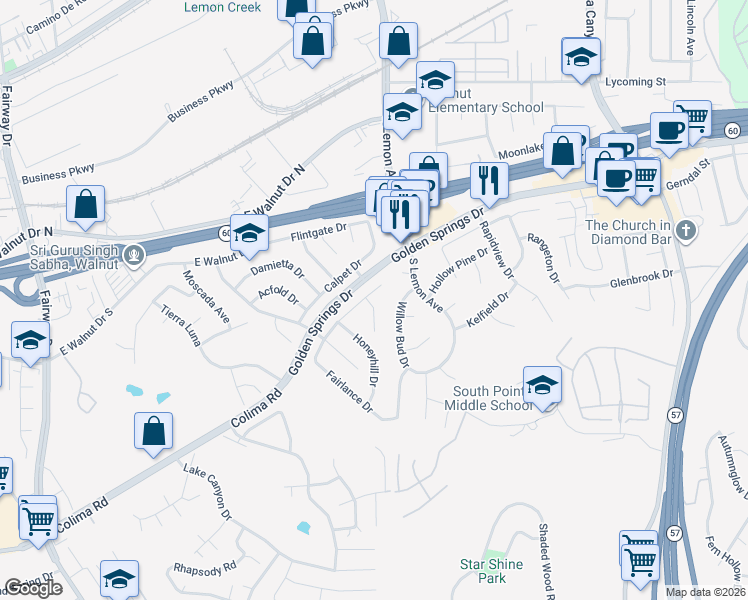 map of restaurants, bars, coffee shops, grocery stores, and more near 20550 Gernside Drive in Walnut