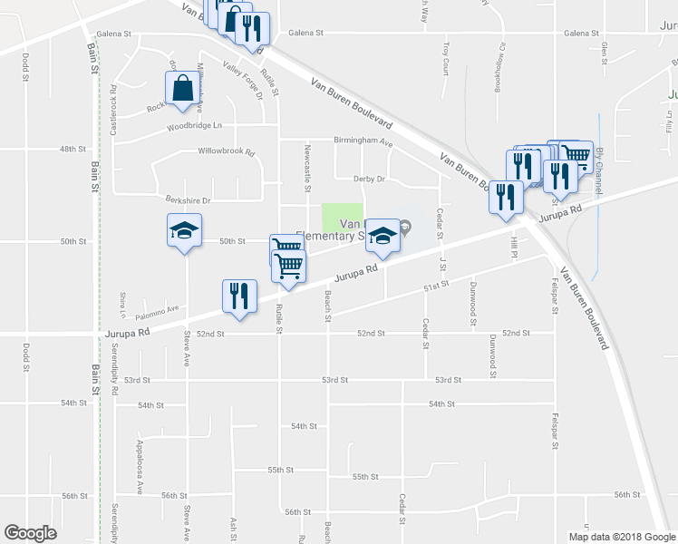 map of restaurants, bars, coffee shops, grocery stores, and more near 9669 Jurupa Road in Riverside