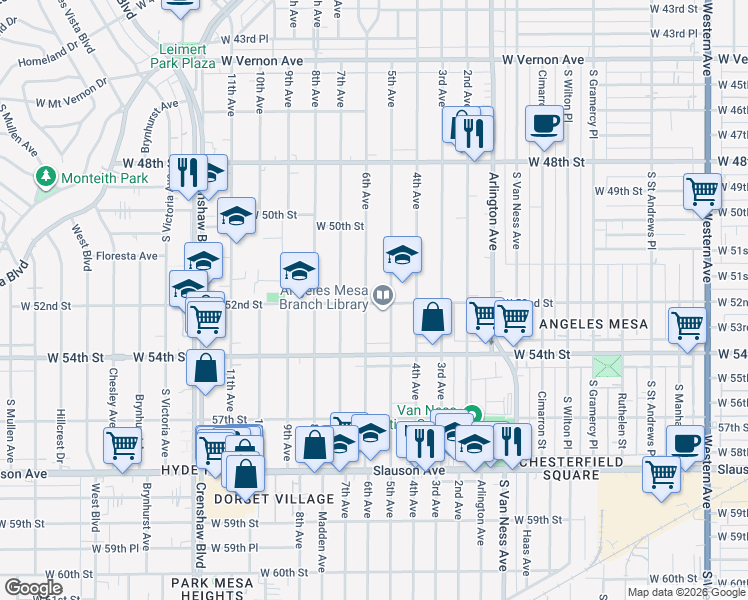 map of restaurants, bars, coffee shops, grocery stores, and more near 5319 5th Avenue in Los Angeles