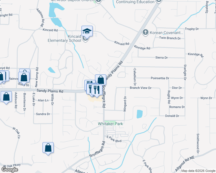 map of restaurants, bars, coffee shops, grocery stores, and more near 1830 Scufflegrit Road in Marietta
