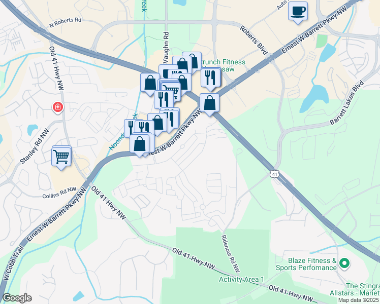 map of restaurants, bars, coffee shops, grocery stores, and more near 1723 Oak Brook Lane Northwest in Kennesaw