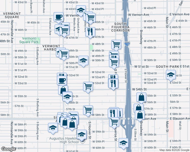 map of restaurants, bars, coffee shops, grocery stores, and more near 717 West 52nd Place in Los Angeles