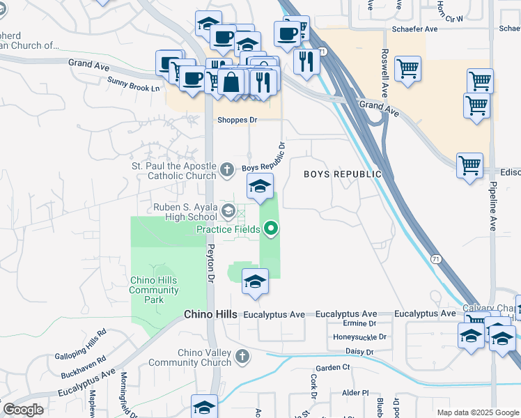 map of restaurants, bars, coffee shops, grocery stores, and more near 14255 Peyton Drive in Chino Hills