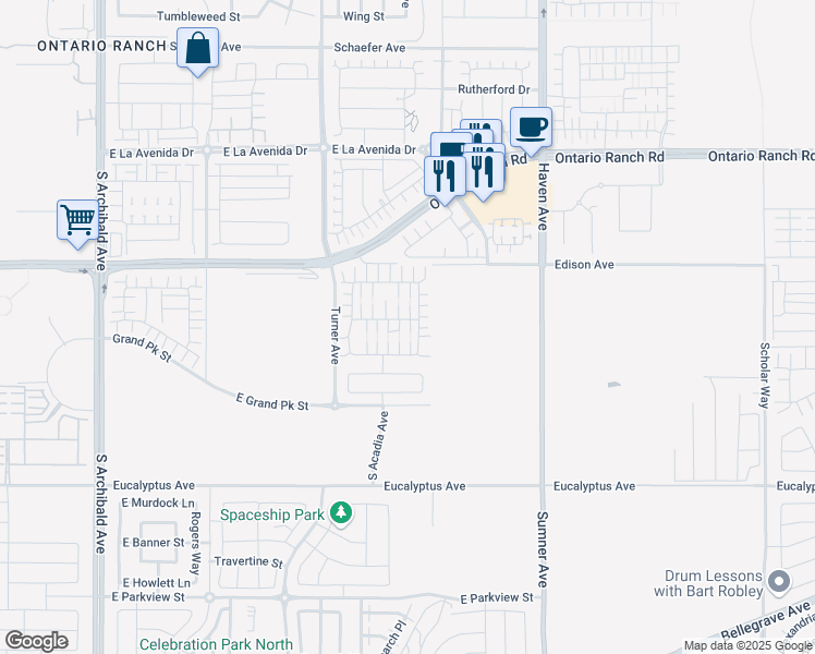 map of restaurants, bars, coffee shops, grocery stores, and more near 3245 East Yellowstone Drive in Ontario