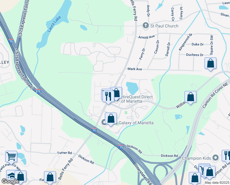 map of restaurants, bars, coffee shops, grocery stores, and more near 543 Harbor Lake Court in Marietta